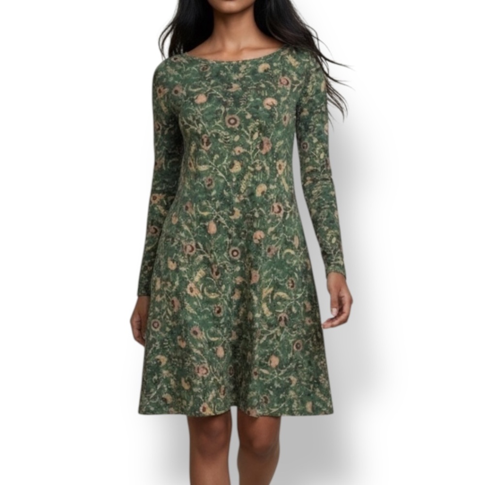 4/$20 Peruvian Connection Green Floral Knit A-Line Dress w/ Pockets - XS